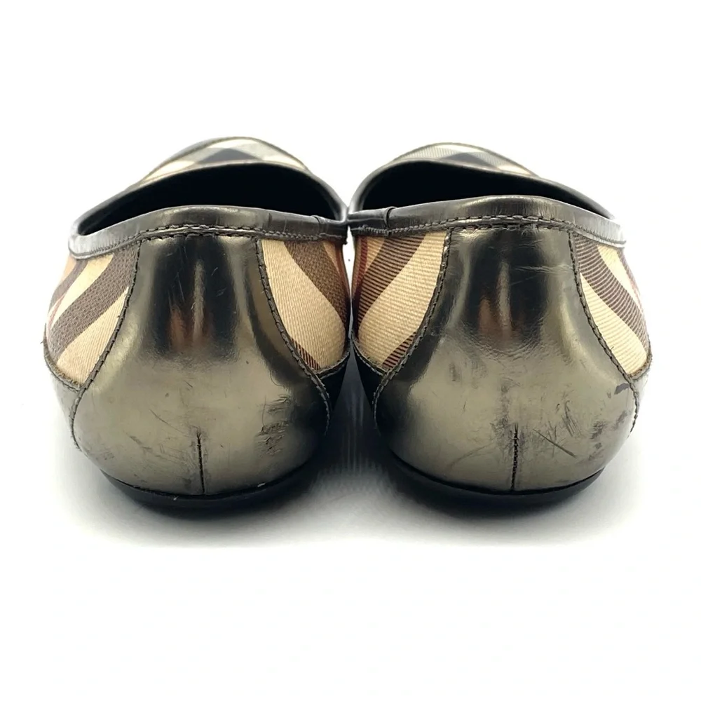 BURBERRY NOVA CHECK PEWTER GUNMETAL SILVER LEATHER BALLET FLAT SHOES 39.5 / 8.5 - Picture 5 of 7
